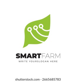 Logotipo de agricultura inteligente con símbolo de hoja verde