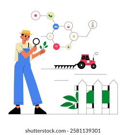 Smart Farming With Male Agronomist Analyzing Plant Growth Using Digital Data, Flat Vector Illustration Symbolizing Precision Agriculture, Isolated On White Background