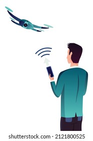 Smart farming. Man with mobile app on his smartphone using quadcopter, IOT. Digital farmers technology vector illustration