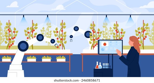 Smart farming management, cultivation of agriculture plants in greenhouse. Farmer and robotic arm harvest tomatoes in glasshouse with innovation agritech equipment cartoon vector illustration