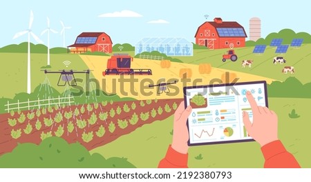 Smart farming management. Digital control agriculture and weather monitoring from internet tablet computer, drone iot technology farming equipments, garish vector illustration of agriculture farming