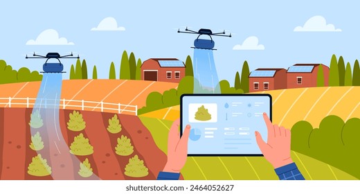 Smart farming management, digital cultivation on agriculture plantation with innovation agritech equipment. Hands of farmer control drone working field, monitoring settings cartoon vector illustration