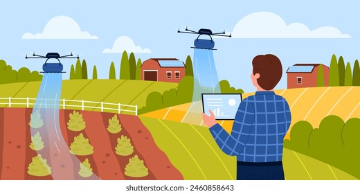 Smart farming management, digital future technology. Farmer growing agricultural plants, watering with innovation agritech equipment, man holding tablet to control drones cartoon vector illustration
