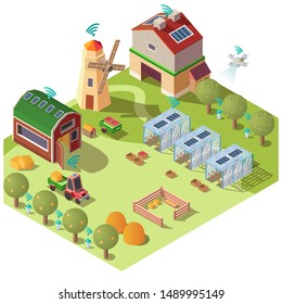 Smart farming with modern, innovative, digital technologies isometric vector concept. Farm, ranch outbuildings, tractor, drone flying under garden, glass greenhouse connected on wifi illustration