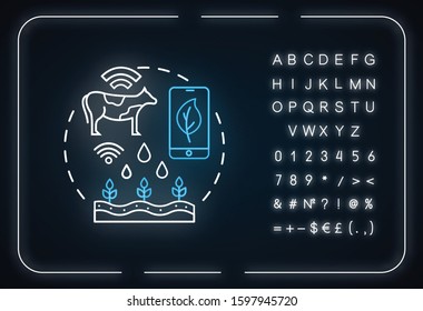 Smart farming neon light concept icon. Modern agriculture idea. Manufacturing automatization. Glowing sign with alphabet, numbers and symbols. Vector isolated illustration