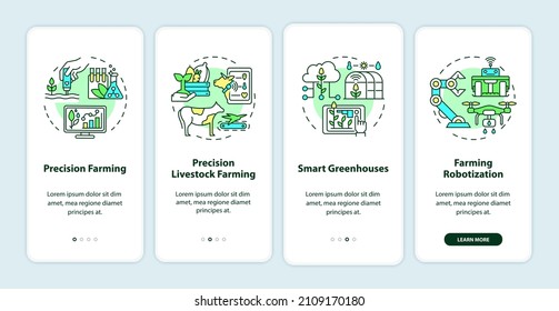 Smart Farming Onboarding Mobile App Screen. Precision Agriculture Walkthrough 4 Steps Graphic Instructions Pages With Linear Concepts. UI, UX, GUI Template. Myriad Pro-Bold, Regular Fonts Used