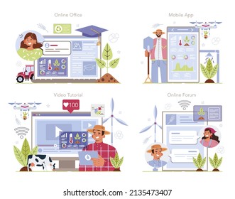 Smart farming online service or platform set. Farm worker growing plants and feeding animals with climate-smart technologies. Online forum, office, video tutorial, mobile app. Flat vector illustration