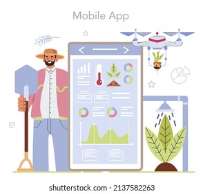 Smart farming online service or platform. Farm worker growing plants and feeding animals with climate-smart technologies. Mobile app. Flat vector illustration