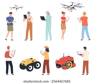 Smart farming. People control agricultural transport on tablets, remote controls. Automated production in farming. Agricultural drones, ground and flying. Vector illustrations