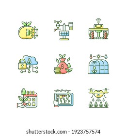 Smart Farming RGB Color Icons Set. Internet Of Food. Maximum Productivity. Agricultural Industry Management. Isolated Vector Illustrations