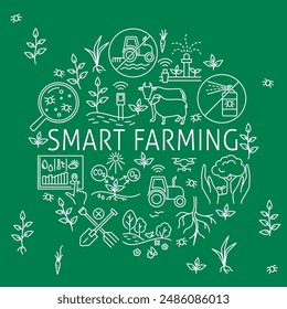 Smart farming round concept banner in line style. Sustainable agriculture, eco farm principles. Vector illustration.