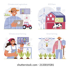 Smart farming set. Farm worker growing plants and feeding animals with climate-smart technologies. Agriculture and animal husbandry business. Flat vector illustration