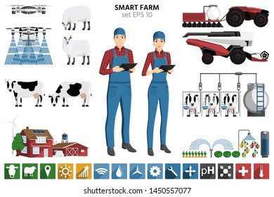 Smart farming set. Modern farmers with digital tablet, autonomous harvester, tractor and drone. Elements for design and infographics. Vector illustration EPS 10