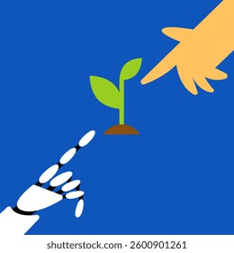 Smart farming solutions with ai bot and Tree sapling. Modern agriculture technology. Flat vector illustration.