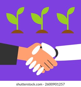 Smart farming solutions with businessman and ai robot. Modern agriculture technology. Tree sapling. Flat vector illustration.