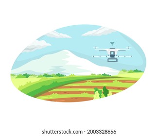 Smart farming tech with irrigation drone. Concept of Agriculture technology and smart farm, Agricultural automation with drone control. Vector illustration in a flat style
