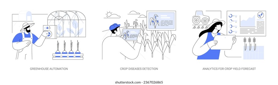 Smart farming technologies abstract concept vector illustration set. Greenhouse automation, crop diseases detection, analytics for crop yield forecast, modern agriculture abstract metaphor.