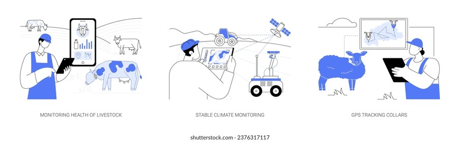 Tecnologías de cultivo inteligente conjunto de ilustraciones vectoriales conceptuales abstractas. Monitoreo de la salud del ganado, monitoreo del clima estable, collares de seguimiento GPS, manejo de granjas usando metáfora abstracta IoT.