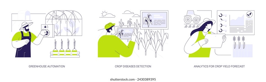Conjunto de ilustración vectorial de concepto abstracto de tecnologías agrícolas inteligentes. Automatización de invernaderos, detección de enfermedades de cultivos, análisis para pronóstico de rendimiento de cultivos, metáfora abstracta de la agricultura moderna.