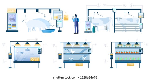 Smart farming technology set, flat vector illustration. Automated pig, cattle, chicken, fish farms, greenhouse. Internet of things, wireless remote control, modern farming agriculture technology.