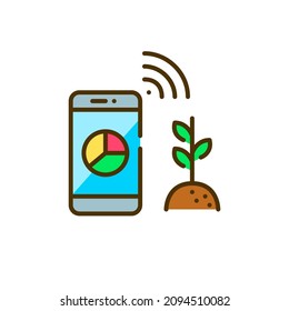 Tecnología de cultivo inteligente. Estadísticas reunidas con sensores inalámbricos y analizadas en un smartphone. Icono de color de píxeles perfecto, editable