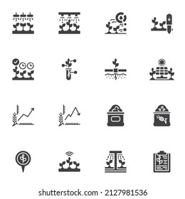 Conjunto de iconos vectoriales de tecnología de cultivo inteligente, colección moderna de símbolos sólidos, paquete de pictogramas estilo relleno. Señales, ilustración del logotipo. Set incluye iconos como sistema de riego automático, control de riego