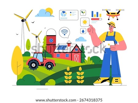Smart Farming Technology Vector Illustration featuring a Farmer Managing His Industrial Farm Using a Tablet to Control Farming in a Flat Background