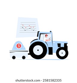 Smart Farming With Tractor And Financial Data. Flat Vector Illustration About Agribusiness, Precision Agriculture, Economic Growth, And Agricultural Investment, Isolated On White Background