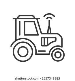 Smart farming tractor icon in line design. Tractor, farming, smart, agriculture, machinery, technology, field on white background vector. Smart farming tractor editable stroke icon