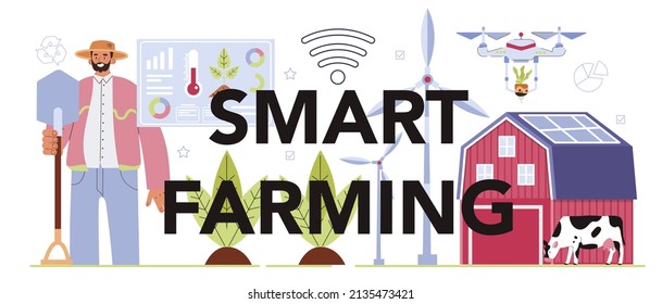 Smart farming typographic header. Farm worker growing plants and feeding animals with climate-smart technologies. Agriculture and animal husbandry business. Flat vector illustration