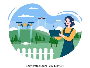 Smart Farming use Drone Technologies in Farm Industry for Plants Growing, Wind Mills, Solar Panels and Water in Flat Cartoon Background illustration