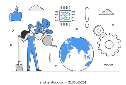 Smart farming using innovative agriculture technology. Reorienting and transforming agricultural development vector monocolor illustration