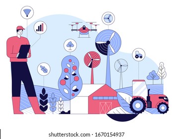 Smart farming vector concept. Agtech innovations. 5G network for control agricultural production. Processing and logistic center for growing vegetables using renewable energy and autonomous technology