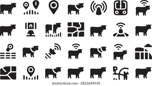 Smart farming vector icon set showcasing digital livestock tracking and agricultural technology for modern ranch management