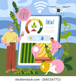 Smart farming vector illustration displaying the use of AI technology on a tablet. Showcases two people managing crops with tech insights and a drone for agricultural monitoring.