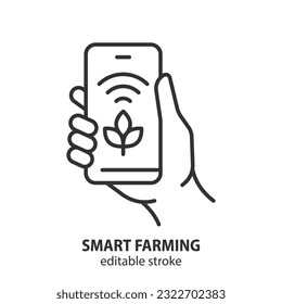 Icono de línea vectorial de cultivo inteligente. Mano con smartphone con aplicación de control de crecimiento de plantas. Trazo editable.