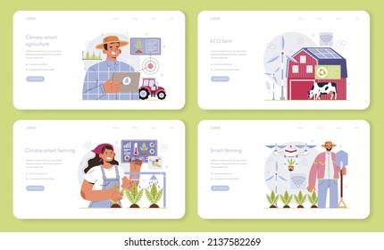 Smart farming web banner or landing page set. Farm worker growing plants and feeding animals with climate-smart technologies. Agriculture and animal husbandry business. Flat vector illustration