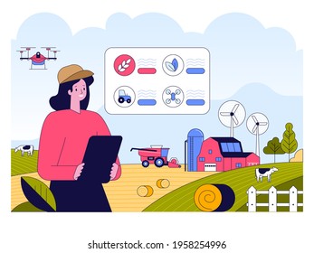 Smart farming. Woman runs farm on tablet using data and drones. Agricultural machinery works, cows graze in field. Generate green energy. Vector character illustration of innovation at agribusiness