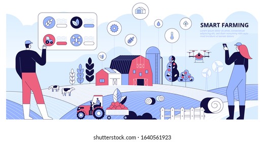 Smart farming with workers using AR for control and monitoring field. Digital agriculture and IOT technology. Farm management. Panoramic vector illustration for banner, website, print or mobile app