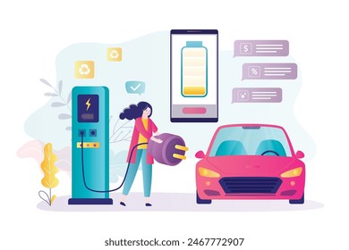 Smart female driver charges electric car on charging station. Electric auto with low battery. Ecologically clean transport, environmental protection. Sustainable development. Flat vector illustration