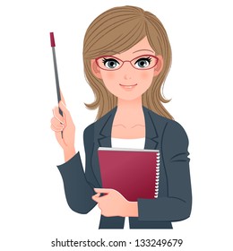 Smart female lecturer holding pointer stick and notebook.Download EPS file contains Blending tool, Gradients, Clipping mask.