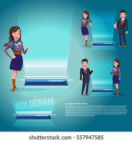 Smart Female And Male With Hologram Projection Machine For Presentation - Vector Illustration