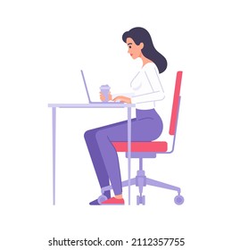 Smart Female Office Worker Sitting On Chair At Desk Workspace With Coffee Paper Cup Side View Vector Flat Illustration. Woman Professional Marketologist, Manager, Developer Work On Laptop Isolated