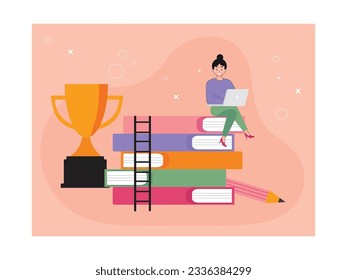 Smart female student studying on laptop, winning school representative contest, with books,trophy champion, ladder and pencils. Character designs. Vector flat illustration