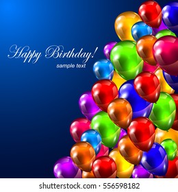 Smart Festive Banner with Realistic Glossy Balloons on Blue Background and Happy Birthday Text. 3D Vector Illustration
