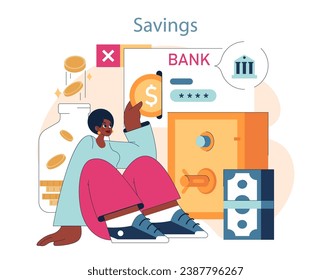 Smart Financial Planning for the Future. A proactive woman digitally manages her savings, coins flow into a jar, emphasizing online banking's ease and security. Modern savings strategy.