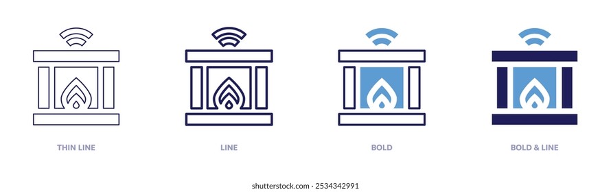 Icono de chimenea inteligente en 4 estilos diferentes. Línea delgada, línea, negrita y línea negrita. Estilo duotono. Trazo editable.