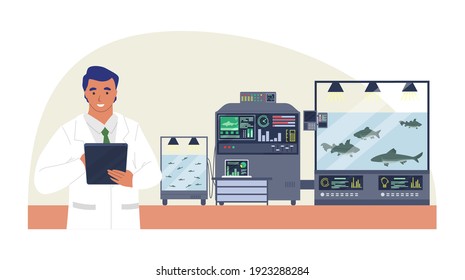 Smart fish farm, flat vector illustration. Automated growing of fish. Internet of things, wireless remote control system, modern smart farming technology in agriculture.