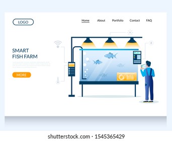 Smart Fish Farm Vector Website Template, Web Page And Landing Page Design For Website And Mobile Site Development. New Smart Fish Farming Technology Concept.