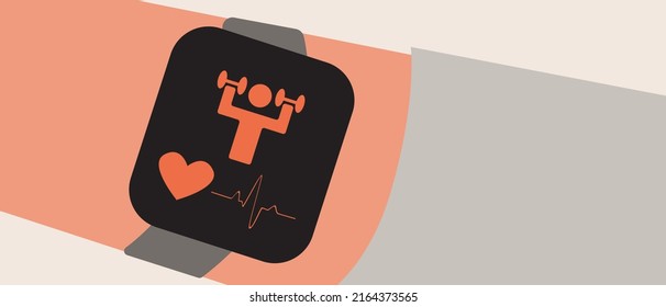 Smart fitness bracelet during strength training with barbell. Flat vector stock illustration. Athlete's hand with strap. Modern gadget or Sports clocks